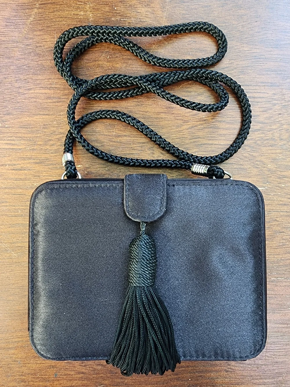 Vintage Jessica McClintock Black Satin Tassel Box Clutch Crossbody Bag